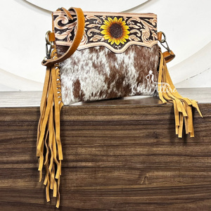 Best-Selling High Quality Sunflower Design Tooled Leather <b>Boho</b> Fringe <b>Bags</b> Low Price Cowhide Leather Crossbody Handbag For Women - Product Image 1