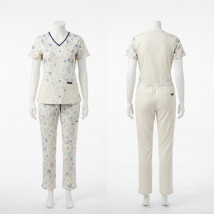 Conjunto de Uniforme Médico para Mujer, Estampado, 160 GSM, Algodón Premium con Poliéster y Spandex, Suave y Transpirable, Color Marfil, Azul y Rosa, Paneles en Contraste, Logotipo Personalizado - Product Image 1