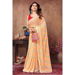 FANCY GEORGETTE PRINT WORK UN MINUTO SAREE CON BLUSA SIN COSTAR NARANJA - Product Image 1