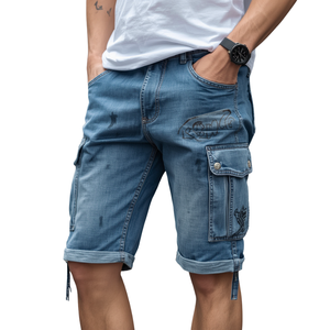 Premium Quality Men's Casual Denim Polyester/Cotton High Waist Breathable Button Fly Shorts with Multiple Pockets Loose Fit - Product Image 2