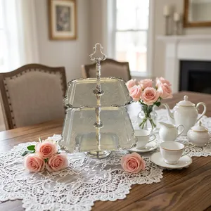 Plateau de service à 2 niveaux en argent de luxe, support à gâteau élégant en métal, plateau de présentation de desserts pour fête de thé, mariage, décoration de la maison - Product Image 3