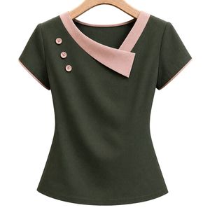 Olive Green Womens Asymmetric V Neck Short Sleeve T Shirt Blush <b>Pink</b> Contrast Trim Button Detail Casual Custom Wholesale Apparel - Product Image 1