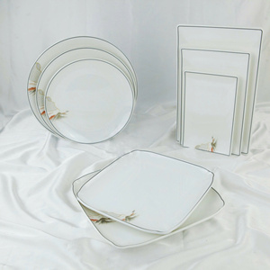 Square Melamine Serving Dishes Asian Scenic Design 2 White <b>Dinner</b> Plates <b>Set</b> with <b>Black</b> Border Dishwasher Safe BPA Free - Product Image 3