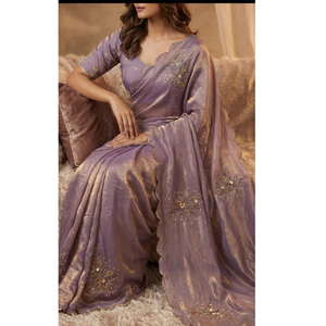 Sari en organza de soie violet de qualité supérieure avec broderie florale Zari – Tenue ethnique élégante pour les fêtes - Product Image 2