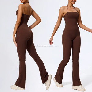 Solid Color Flared Leg Bodysuit Women's Activewear Sleeveless Full Length Yoga <b>Jumpsuit</b> Mid Waist Square Neck Front 2-Piece Set - Product Image 1