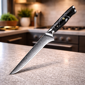 มีดแล่เนื้อเหล็กดามัสกัสทำมือ ด้ามเรซิ่น ใช้ได้ทั้งมือซ้ายและขวา ดีไซน์ทันสมัย พร้อมปลอกหนัง - Product Image 6