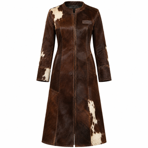 Veste longue sans col en fourrure de vachette marron et blanche pour femme, fermeture éclair sur le devant, fabrication OEM - Product Image 1