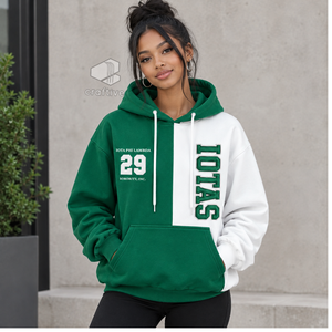 Iota Phi Lambda <b>Women's</b> Green <b>White</b> Color Block <b>Hoodie</b> Greek Letter Embroidered Drawstring Hood Kangaroo Pocket Pullover - Product Image 5