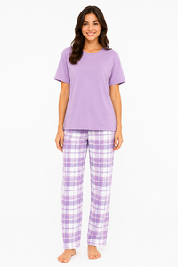 Womens Purple Pajama Set Soft Cotton Sleepwear Casual Night <b>Suit</b> Comfortable Lounge Wear Short Sleeve <b>Pyjama</b> Co Ord Set Plaid - Product Image 1