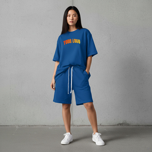 OEM/ODM 100% Cotton Women's Short <b>Set</b> Custom Silk Screen Printed Logo oversized Drop Shoulder comfortable ladies 2 piece <b>set</b> - Product Image 3