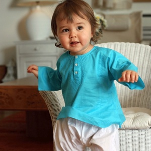 Turquoise Summer Wear Short <b>Kaftan</b> Crafted By 100% Soft Cotton Featuring With Beautiful Embroidery Long Sleeves & Front Buttons - Product Image 4