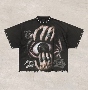 T-shirt en coton jersey noir pour homme, coupe droite, style urbain, imprimé tête de mort, manches courtes, col rond, anti-rétrécissement, 280g - Product Image 1