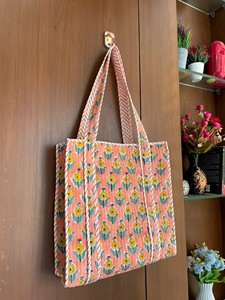 Hand Block Printed Indian Handmade Striped Cotton Large Beach Tote <b>Bag</b> with <b>Long</b> Handle for Women Exhibition & Travel - Product Image 2