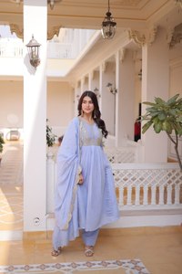 Sky Blue Color Elegance Premium Designer Readymade Ankle-Length Stretchable Quick Dry Mal Chanderi Party <b>Kurta</b> with Dupatta - Product Image 3