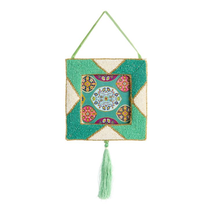 Handmade Rattan <b>Wall</b> Decoration Square Folk Art Beaded <b>Panel</b> with Tassel Green Color Home Decor - Product Image 3