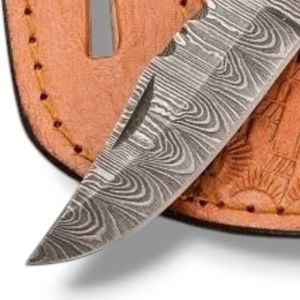 Handmade Folding Knives with Damascus Pattern Blade Leather Sheath Portable Pocket Knives for Hunting Camping Hiking <b>Outdoor</b> EDC - Product Image 2