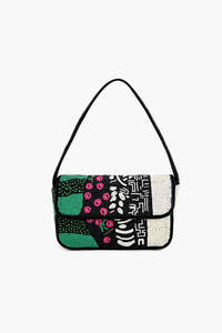 Sac à main rectangulaire brodé fait main, durable et écologique, motifs floraux et géométriques, vert, rose, noir, blanc, toile de coton - Product Image 2
