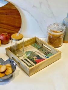 Plateau de service rond en bois de mangue Heritage Haven Indian Garden Serenity avec poignées, plateau de service décoratif - Product Image 2