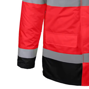 Men's <b>Red</b> Reflective Safety Hooded Puffer <b>Jacket</b> <b>Waterproof</b> Winter Workwear Coat with Silver Stripes and Zipper Closure - Product Image 3