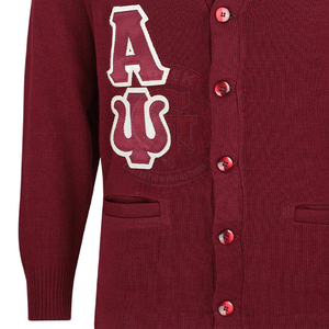 Cardigan tricoté bordeaux pour homme, avec logo KAP en lettres grecques, fermeture boutonnée sur le devant, manches longues, style universitaire - Product Image 6