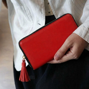 Red Genuine Leather England Style <b>Ladies</b> Long <b>Wallet</b> Zipper Clutch Purse Tassel Coin Holder Polyester High Quality Large - Product Image 3