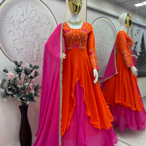Robe de soirée en soie fantaisie pour femme avec dupatta, idéale pour les mariages et les fêtes, à prix abordable, robe ethnique Anarkali. - Product Image 1