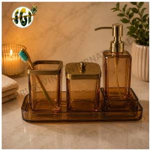 Luxury <b>Glass</b> Waterproof Four-Piece Round Bathroom Set Toothbrush Holder <b>Soap</b> <b>Dispenser</b> with Tray Durable Easy Clean for Home Use - Product Image 1