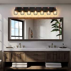 Industrial Vintage 7-<b>Light</b> <b>Wall</b> Sconce Black Cage with <b>Wooden</b> Accents for Bathroom Hallway Living Room-Bulb Not Included - Product Image 5