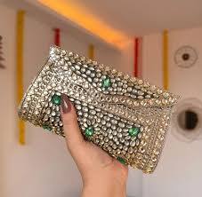 Bolso de mano metálico con mosaico de piedra pulida, diseño étnico indio de imitación antigua, para mujer/niña, uso nupcial, Halloween, Navidad - Product Image 5