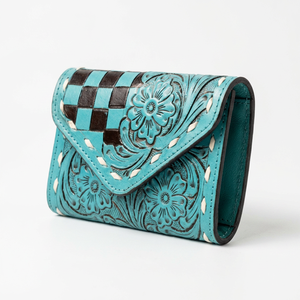 Turquoise Genuine Leather Fold <b>Wallet</b> With Embossed Floral Design Checkered Pattern Handmade Bohemian Style Women's Short <b>Wallet</b> - Product Image 1