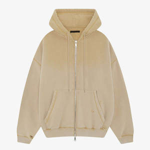 Casual Beige Abrigo Hooded <b>Zip</b>-<b>Up</b> <b>Jacket</b> with Contrast Stitching & Pockets, Relaxed Fit Outerwear for Men Oversized Sweatshirt - Product Image 2