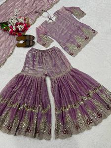 Women's <b>Purple</b> Silk Embroidered plazzo sharara Traditional Indian Wedding <b>Dress</b> Floor-Length Regular Fit - Product Image 5