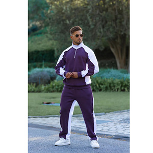 Ensemble de survêtement léger pour homme en coton 100% violet et blanc, sweat-shirt à demi-zip et pantalon décontracté à manches longues avec cordon de serrage - Product Image 2