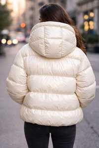 Women's Cream Quilted Puffer Jacket Hooded Full Sleeve Zipper Closure Thick Winter <b>Coat</b> Solid Color Woven Polyester - Product Image 4