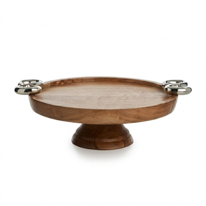 Handcrafted Wooden Cake Stand with Silver Metal Handles Elegant Rustic <b>Dessert</b> Pedestal for Wedding Party and Food Display - Product Image 1