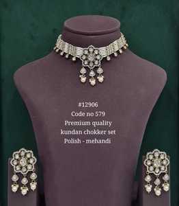 12906Green Kundan <b>Choker</b> Necklace Set With Earrings Premium Ethnic Pearl Moti Caret Tone Jewelry <b>For</b> <b>Women</b> Wedding Party Wear - Product Image 5