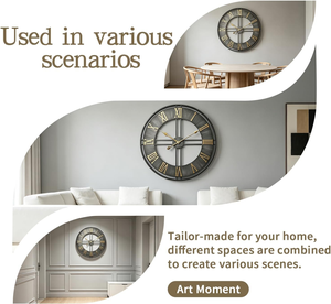 Grande horloge murale ronde à chiffres romains, horloge décorative en métal noir et or pour salon, bureau à domicile, salle à manger, intérieur classique - Product Image 4