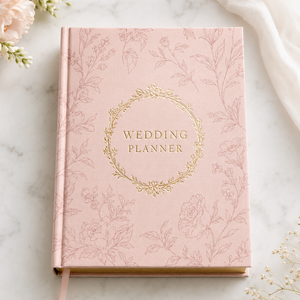Carnet de planification de mariage personnalisé LABON, couverture rigide en tissu floral rose pâle de luxe, bords dorés à la feuille d'or, organisateur de design floral nuptial - Product Image 1