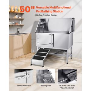 Vasca per toelettatura cani in acciaio inossidabile da 50 pollici con rampa, stazione di lavaggio per animali domestici da esterno con filtro acqua in PE, rubinetto e soffione doccia, porta sapone - Product Image 2