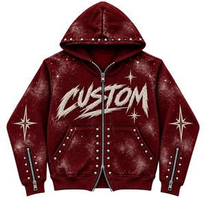 Men's Oversized Burgundy Zip Up Hoodie Embroidered Letter <b>Star</b> Pattern Studded Hip Hop Sweatshirt - Product Image 3