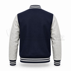 Chaqueta Varsity Azul para Hombre con Mangas de Cuero Blanco, Estilo Preppy, Corte Regular, Cuello Camisero, Cierre de Botones, Ropa de Otoño - Product Image 2