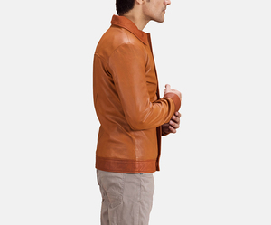 Men's Genuine <b>Leather</b> <b>Jacket</b> Solid Color Stand Collar Windproof Zipper Closure High Street <b>Winter</b> Style Regular Fit Front - Product Image 3