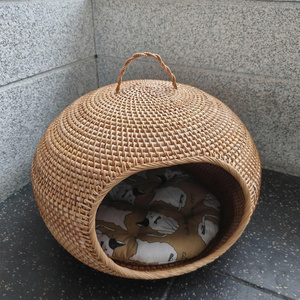 Round Dome Handwoven Rattan Pet Bed Cozy Enclosed Cat House Natural Wicker Pet <b>Basket</b> Comfortable Eco Friendly Handmade Pet Nest - Product Image 1