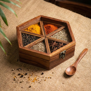 <b>Wooden</b> Masala <b>Box</b> for Kitchen 6 Container Hexagon Spice Organizer Traditional Masala Dabba <b>Wooden</b> Masala Dani Kitchen Spice - Product Image 5
