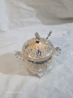 Pot à sucre de luxe de style turc, plaqué argent, réutilisable, écologique, avec couvercle et cuillère, en émail orné, pour bonbons et condiments