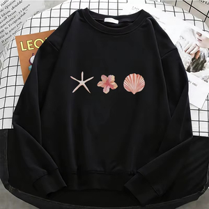 Sweat-shirt à capuche professionnel pour femmes, imprimé floral étoile de mer et coquillages, sweat-shirt chaud en polaire, pull doux à col rond pour femmes - Product Image 1