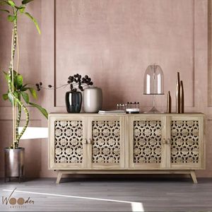 Aparador de Madera Maciza con Puerta Tallada, Mueble de Almacenamiento, Aparador Elevado, Consola para Sala de Estar o Entrada - Product Image 1