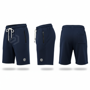 Men's Navy Blue Mid Waist Drawstring Sweat <b>Shorts</b> With <b>Zipper</b> Pocket Casual Breathable Bermuda <b>Shorts</b> - Product Image 1