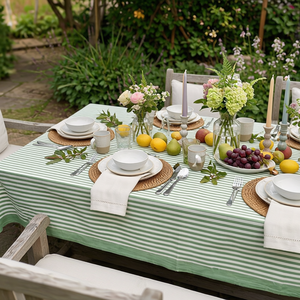 Stripe Green Olive 10 Seater <b>Tablecloth</b> 180x270cm Handcrafted Block Printed 100% Cotton Wedding Dining Home Decor Style - Product Image 4