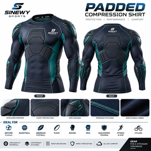 SINEWY Men's Black Full Sleeve <b>Padded</b> Compression <b>Shirt</b> Crew Neck Moisture Wicking Breathable Fitted American Football Apparel - Product Image 6